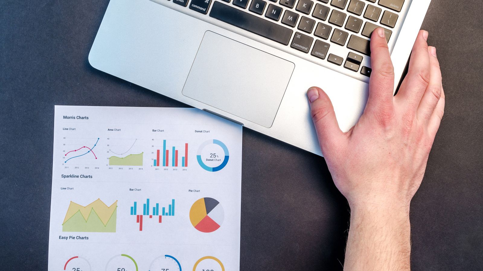 Laptop und ausgedruckte Diagramme bei der Kostenanalyse: Make-or-Buy-Kalkulation für Montageleistungen